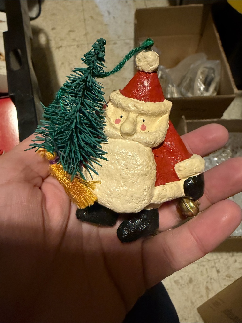 Handcrafted Red Santa with Green Tree Holiday Ornament